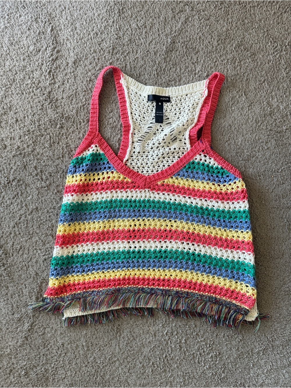 Aqua Rainbow Crochet Fringe Tank in Coral Trim